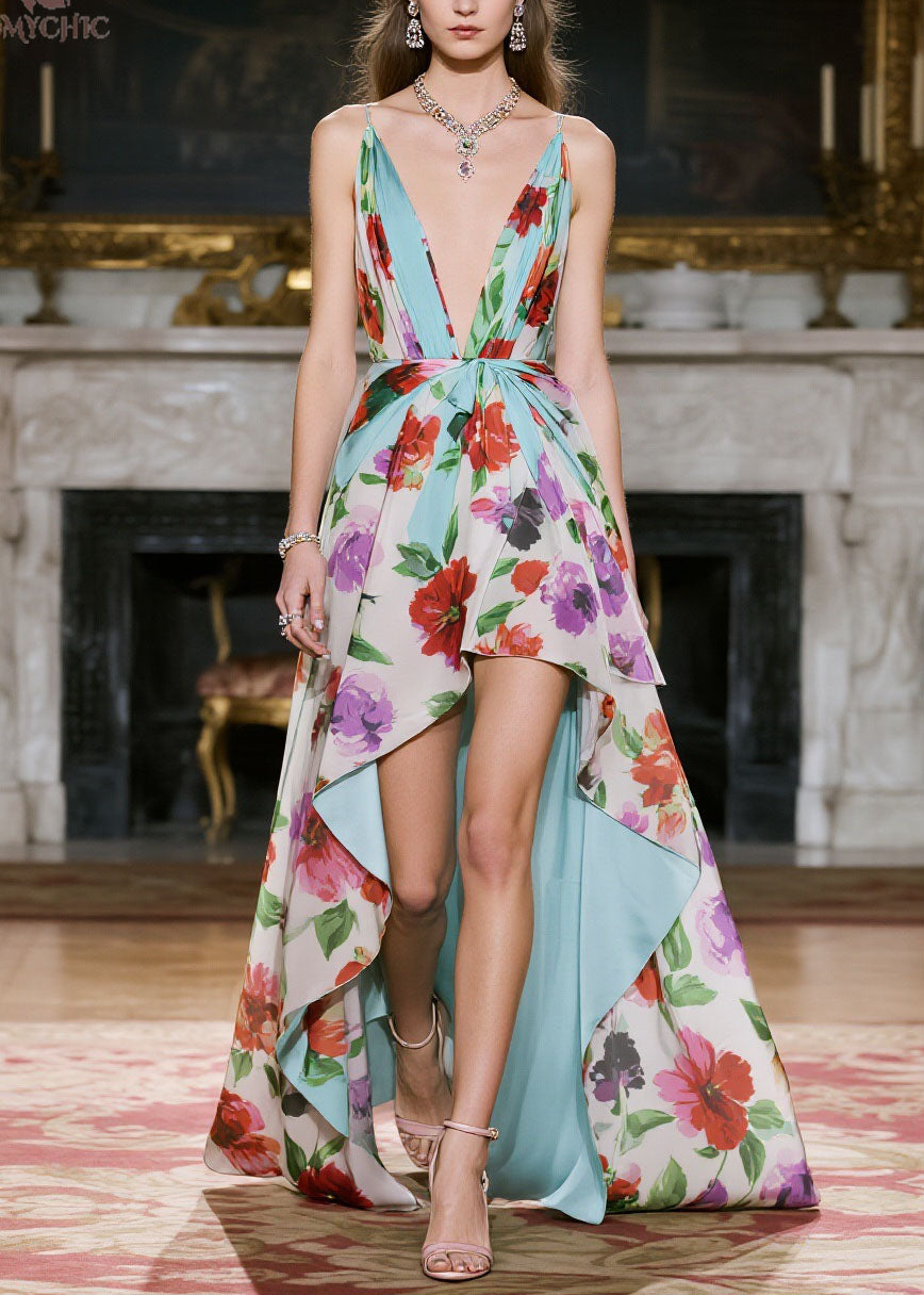 Chic V Neck Print Low High Design Chiffon Spaghetti Strap Dress Summer