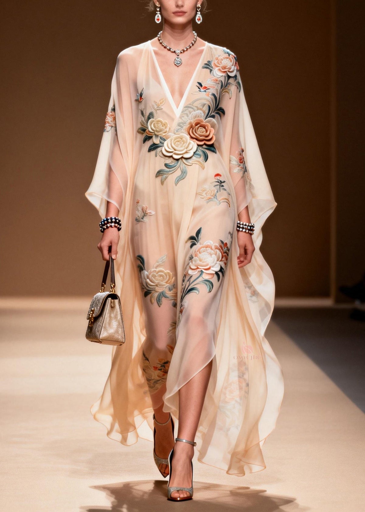 Chic V Neck Print Wrinkled Chiffon Maxi Dresses Spring - View 5