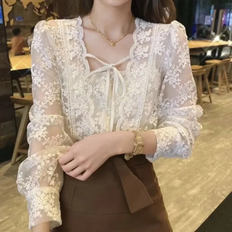 Vintage Lace Puff Long Sleeve Crochet Blouse