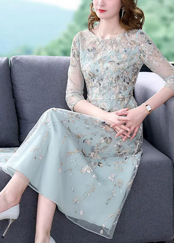 Floral Embroidered Sheer Mesh Three Quarter A-Line Midi Dress