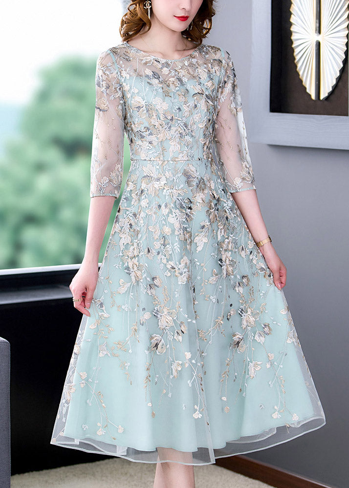 Floral Embroidered Sheer Mesh Three Quarter A-Line Midi Dress - View 3