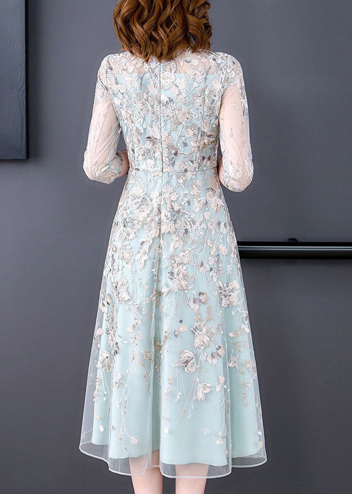 Floral Embroidered Sheer Mesh Three Quarter A-Line Midi Dress - View 5