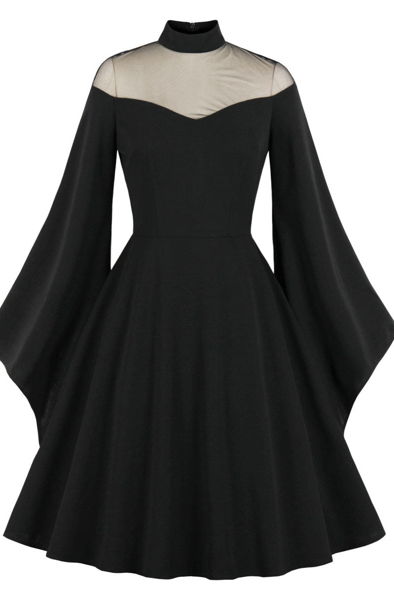 Mesh-Yoke High-Neck Bell-Sleeve A-Line Midi Dress 2