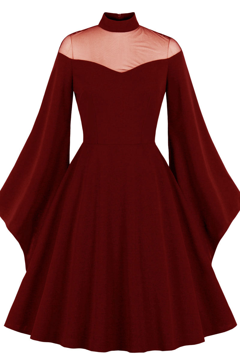 Mesh-Yoke High-Neck Bell-Sleeve A-Line Midi Dress