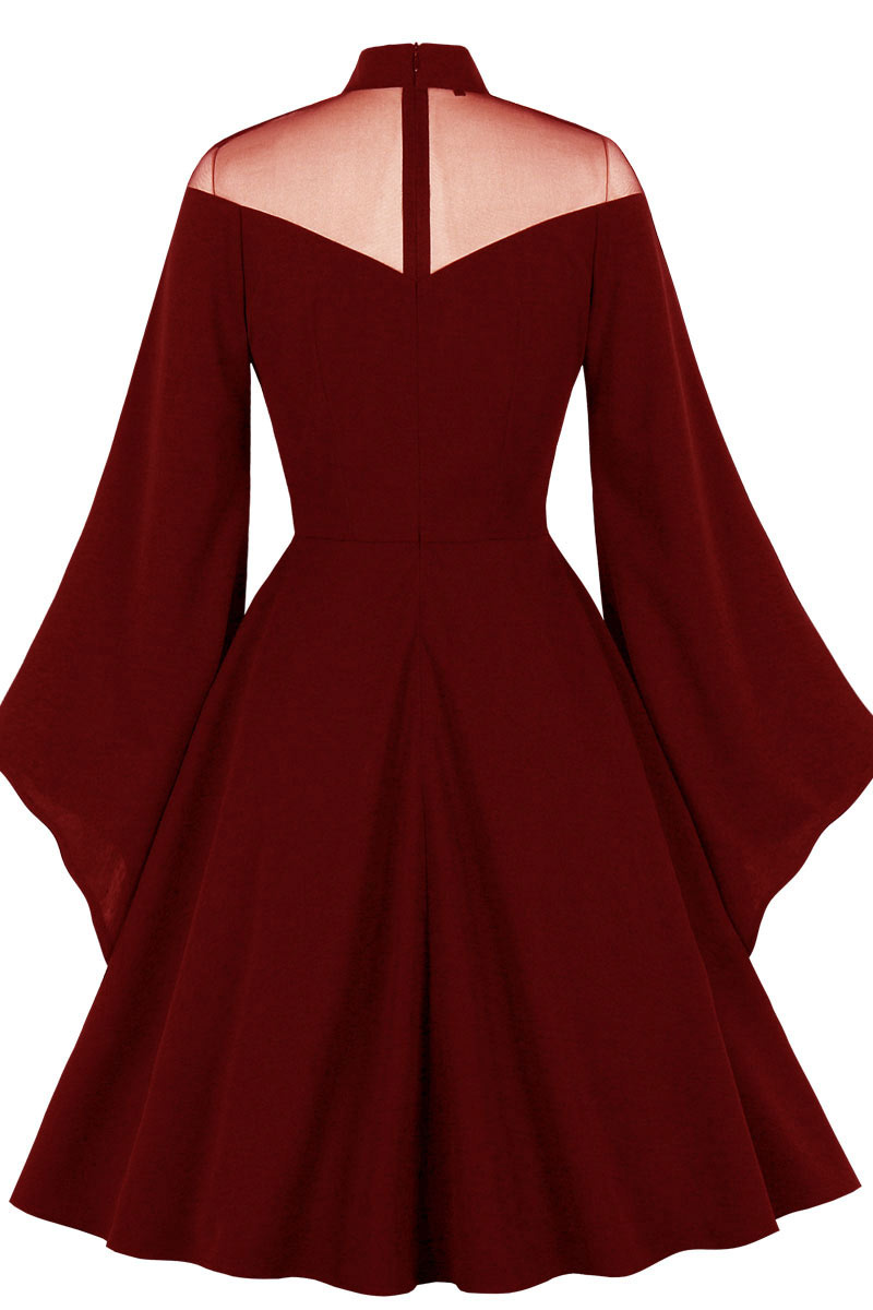 Mesh-Yoke High-Neck Bell-Sleeve A-Line Midi Dress 3