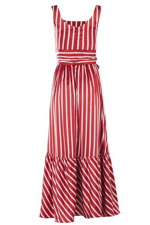 Striped Spaghetti-Strap Twist-Front Tiered Maxi Dress