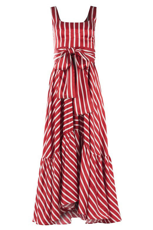 Striped Spaghetti-Strap Twist-Front Tiered Maxi Dress