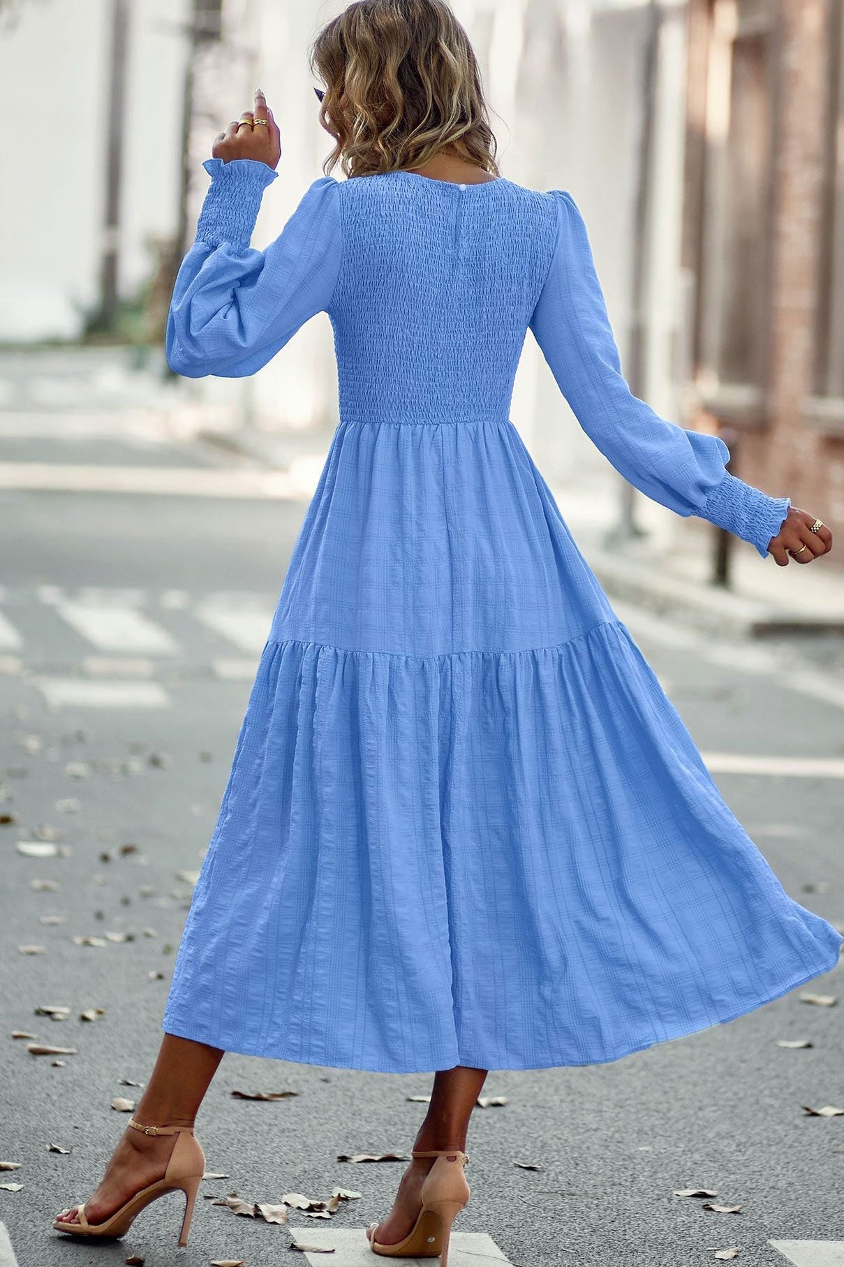Chic Royal Blue A-Line Long Sleeve Midi Dress  Fashionpara