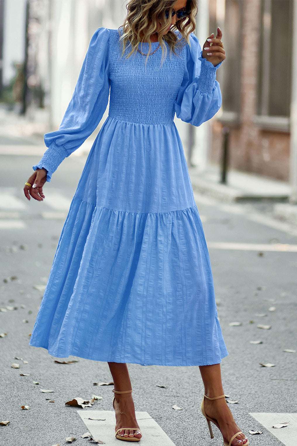 Chic Royal Blue A-Line Long Sleeve Midi Dress  Fashionpara