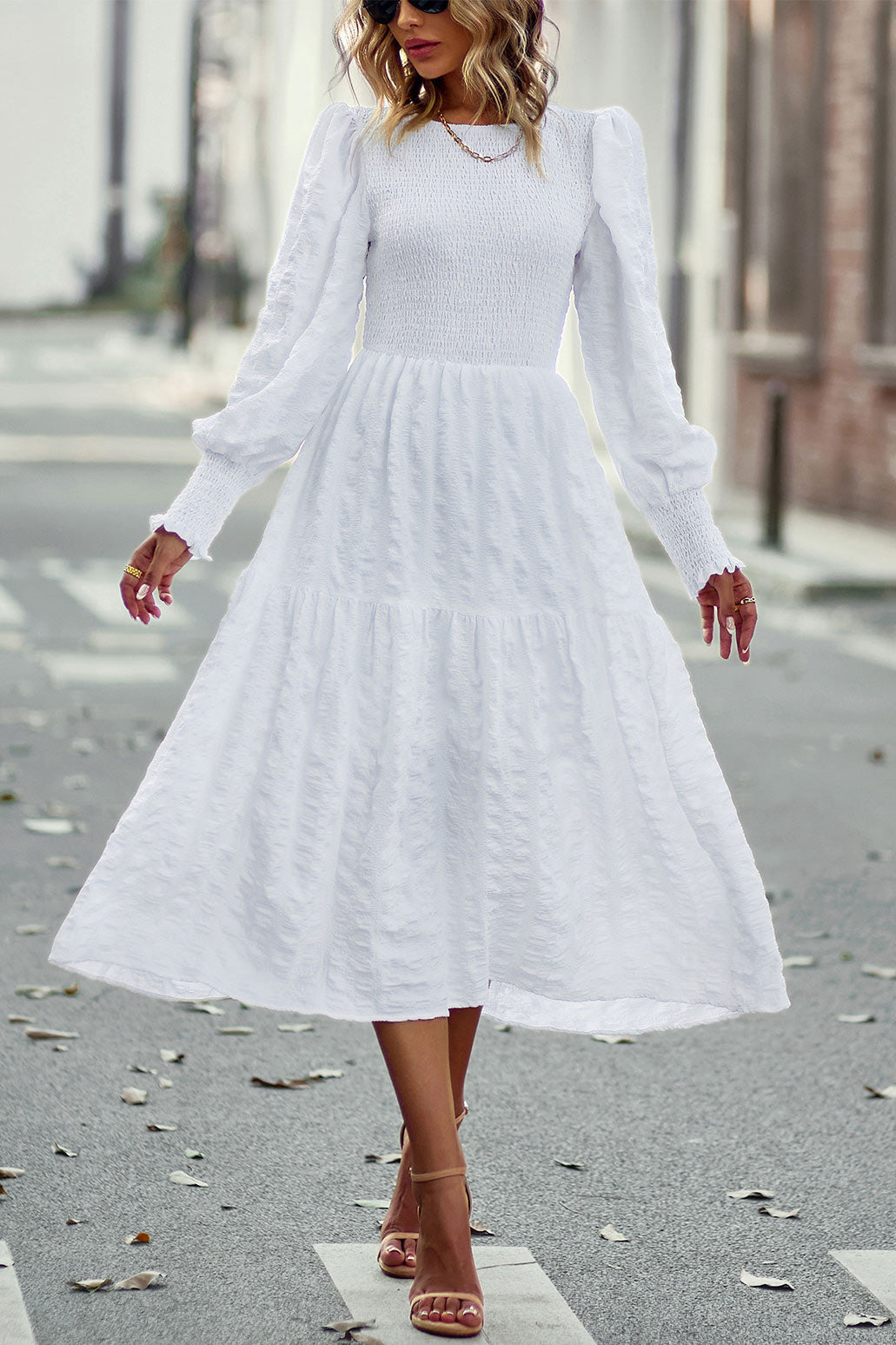 Chic Royal Blue A-Line Long Sleeve Midi Dress  Fashionpara