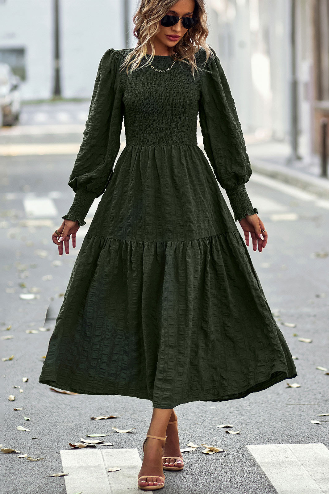 Chic Royal Blue A-Line Long Sleeve Midi Dress  Fashionpara