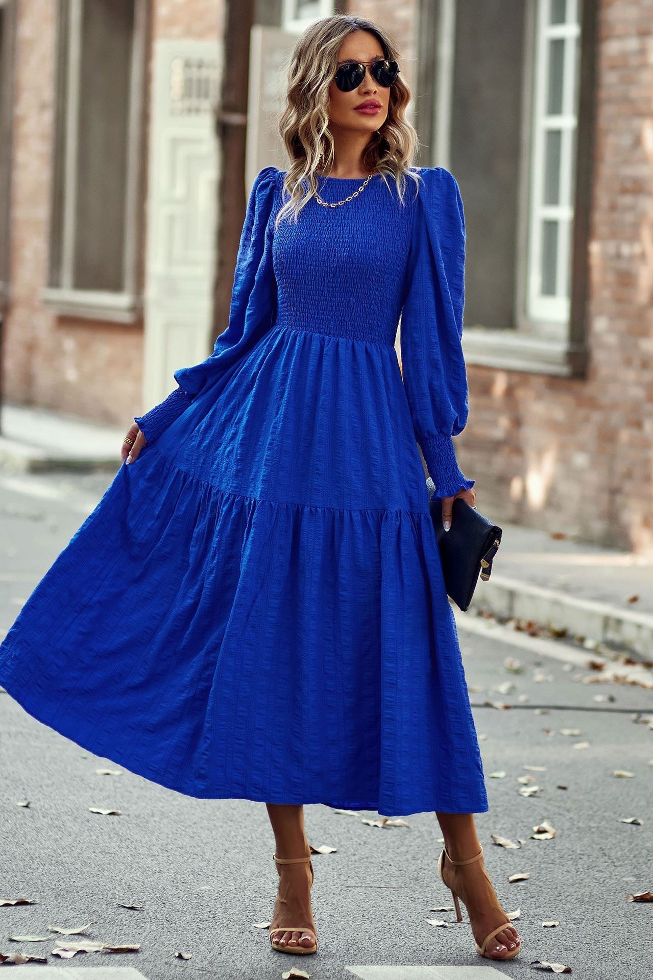 Chic Royal Blue A-Line Long Sleeve Midi Dress  Fashionpara