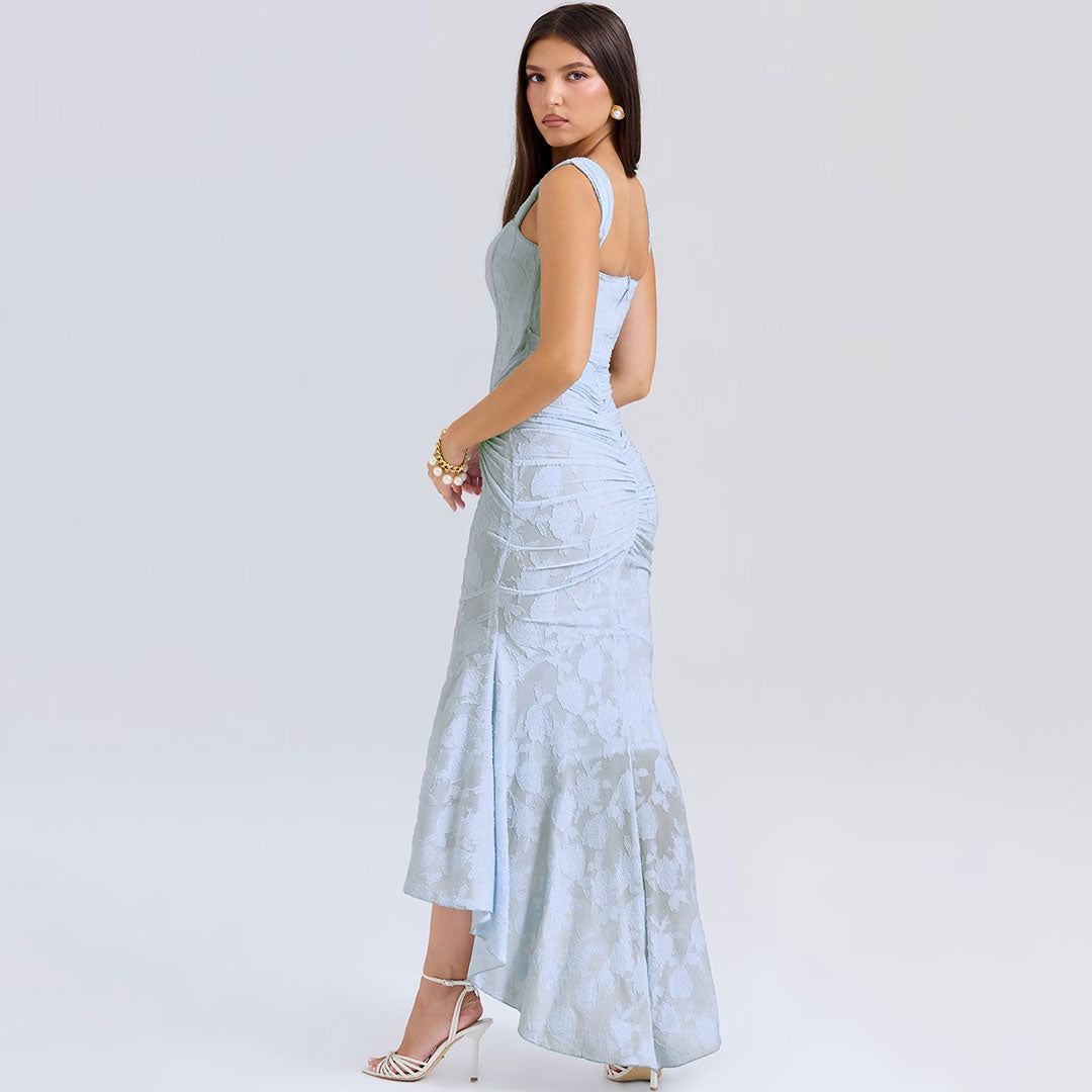 Chic Square Neck Sleeveless High Low Floral Jacquard Corset Formal Dress - Fashionpara