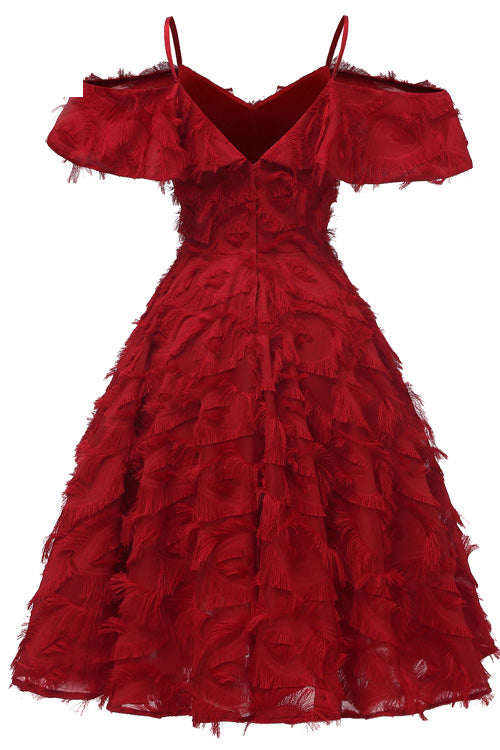 Feather Texture Cold Shoulder Ruffle A-Line Dress