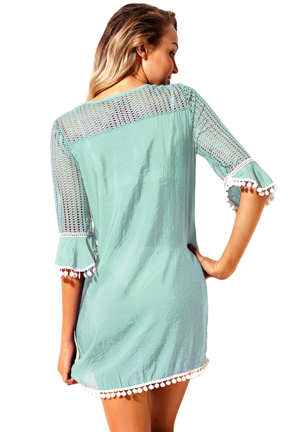 Chic Green Crochet Pom Pom Trim Beach Tunic Cover up