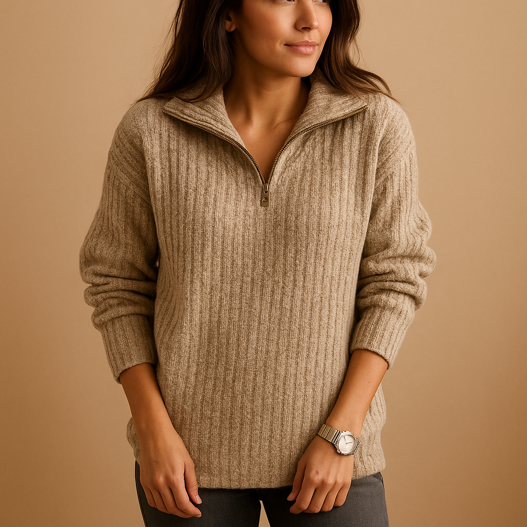 Half Zip Ribbed Long Sleeve Collared Sweater