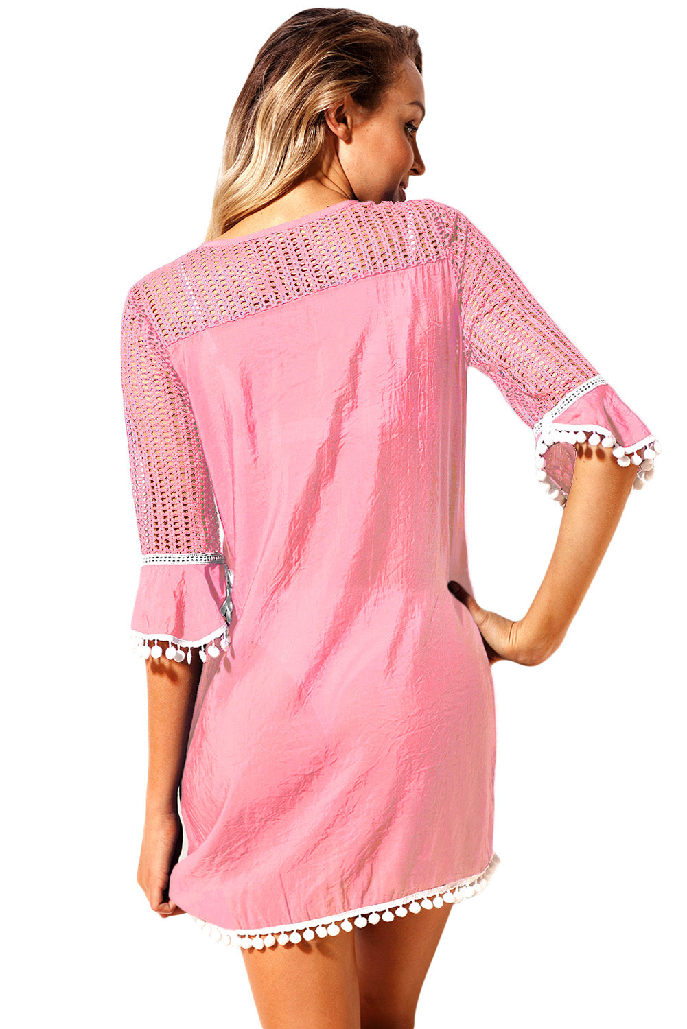 Chic Pink Crochet Pom Pom Trim Beach Tunic Cover up