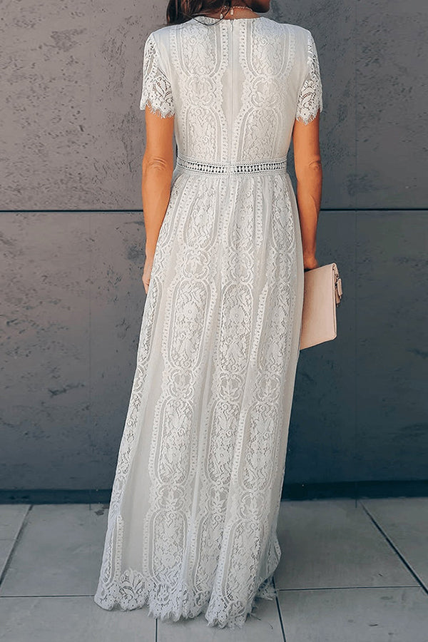 Crochet Lace V-Neck Short Sleeve A-Line Maxi Dress