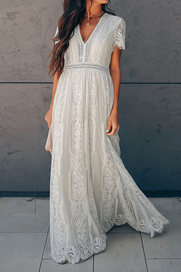White Chic V-neck Lace Long Dress - Mislish