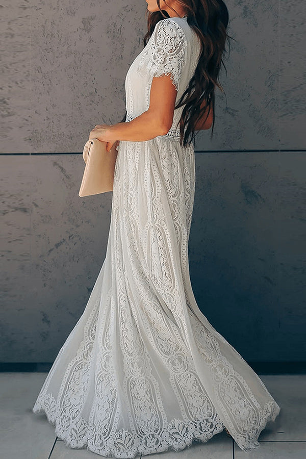 Crochet Lace V-Neck Short Sleeve A-Line Maxi Dress