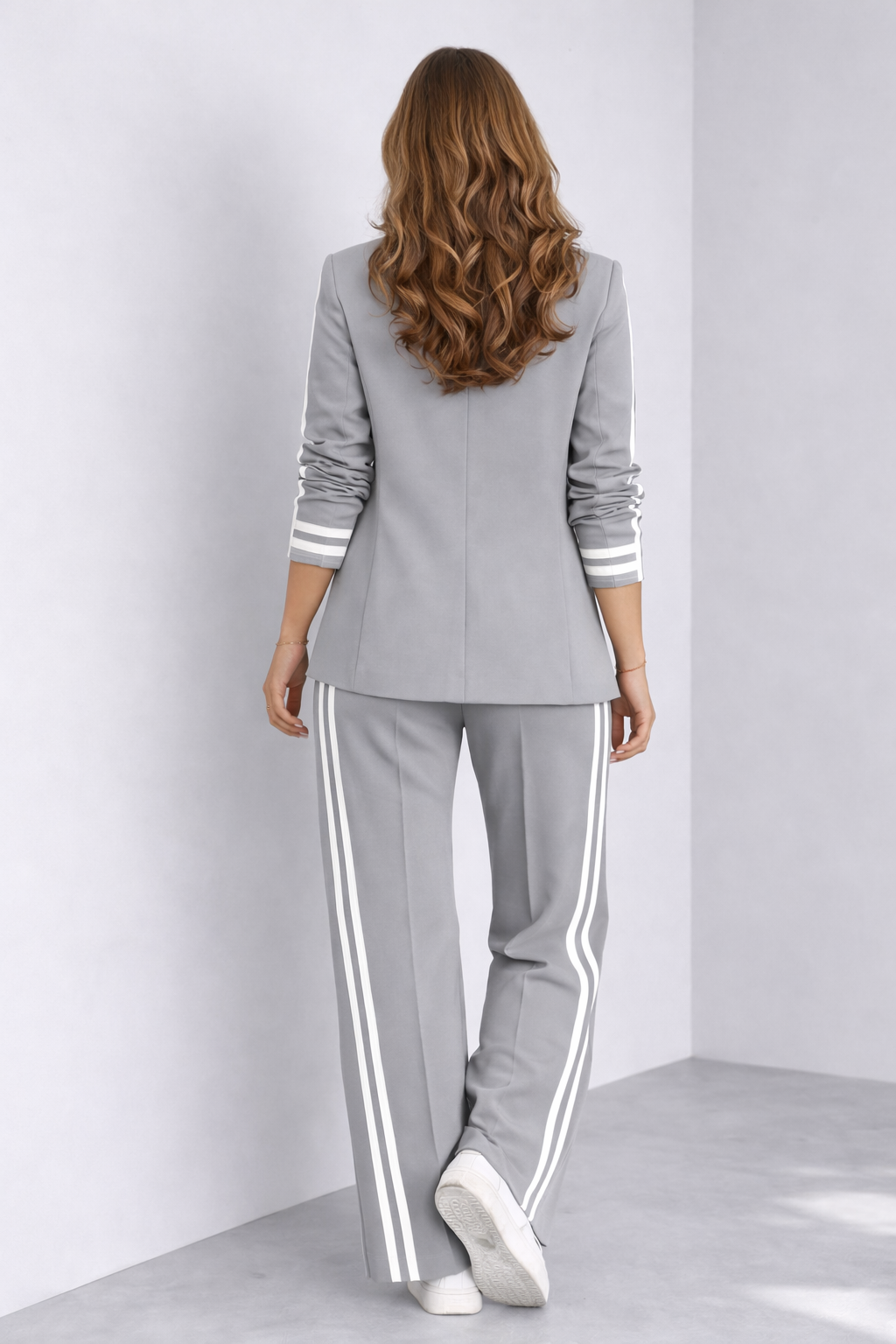 Double Stripe Blazer and Wide Leg Pants Two Piece Set 2