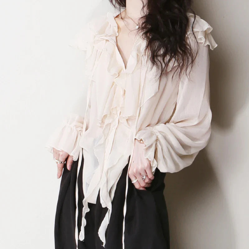 Chiffon Ruffles Bow Tie Long Sleeve Boho Blouse