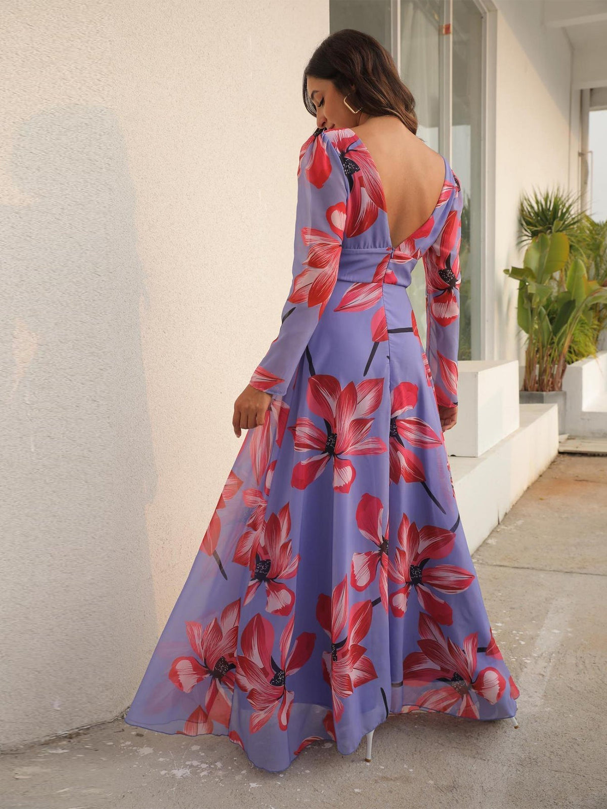 Floral Print V-Neck Long Sleeve Empire Maxi Dress