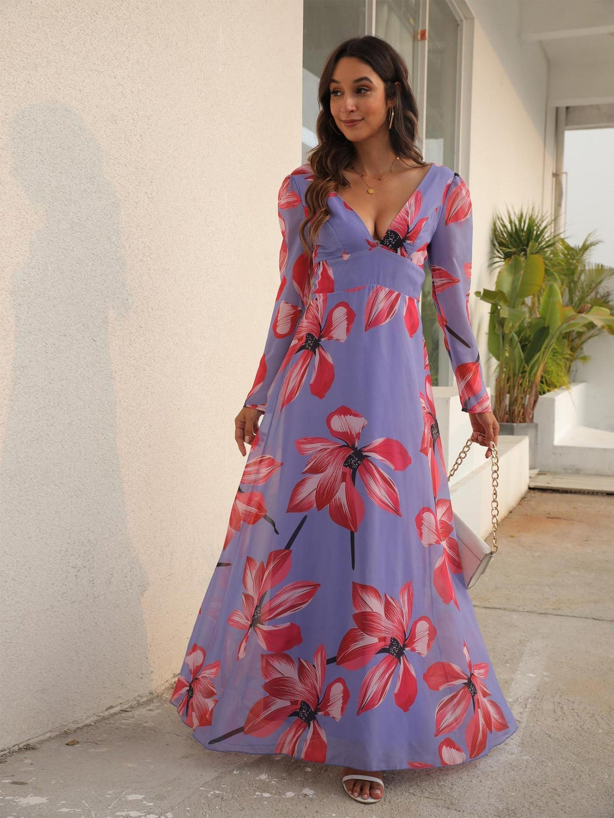 Floral Print V-Neck Long Sleeve Empire Maxi Dress