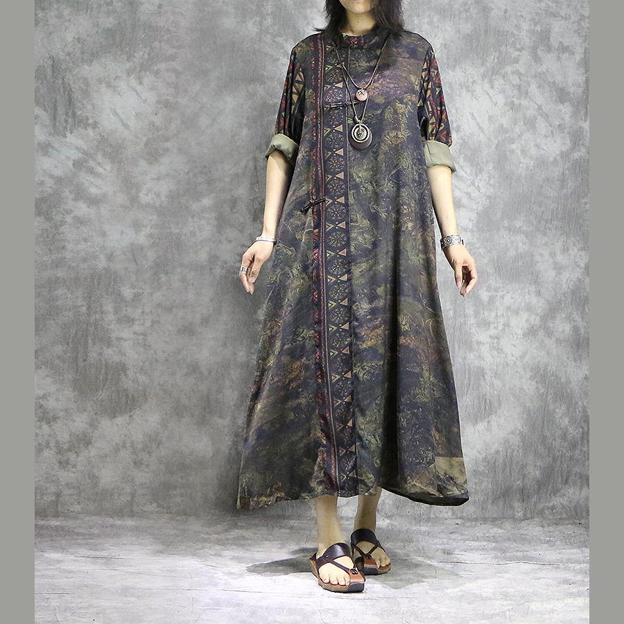 Mandarin Collar Long Sleeve Abstract Print Toggle Maxi Dress