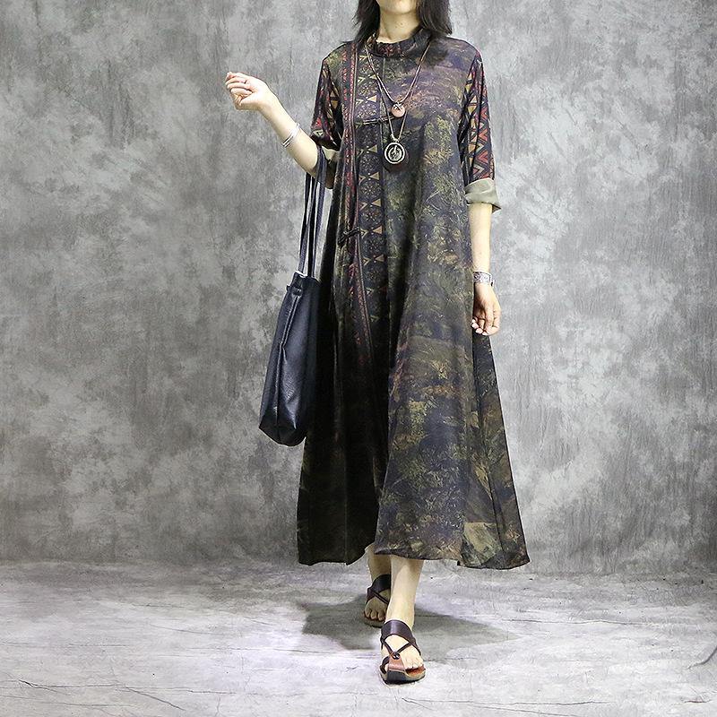 Mandarin Collar Long Sleeve Abstract Print Toggle Maxi Dress - View 2