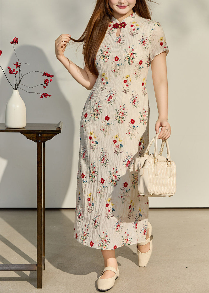 Crinkled Plissé Mandarin Collar Keyhole Frog Closure Midi Dress