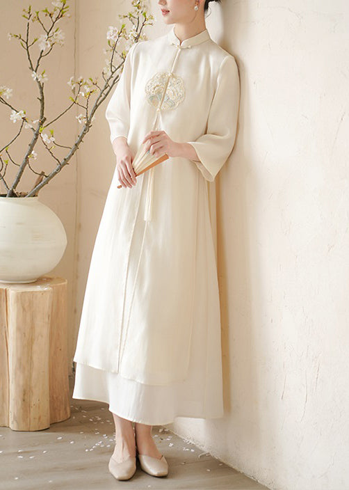 Mandarin Collar Frog Button Embroidered Tassel Side Maxi Dress - View 2