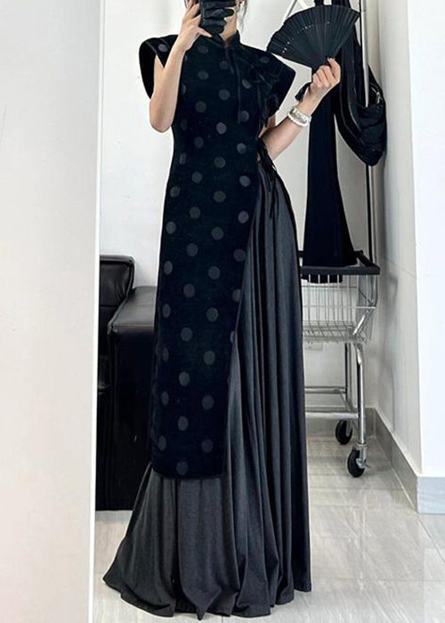 Velvet Polka Dot Mock Neck Sleeveless Asymmetrical Maxi Dress