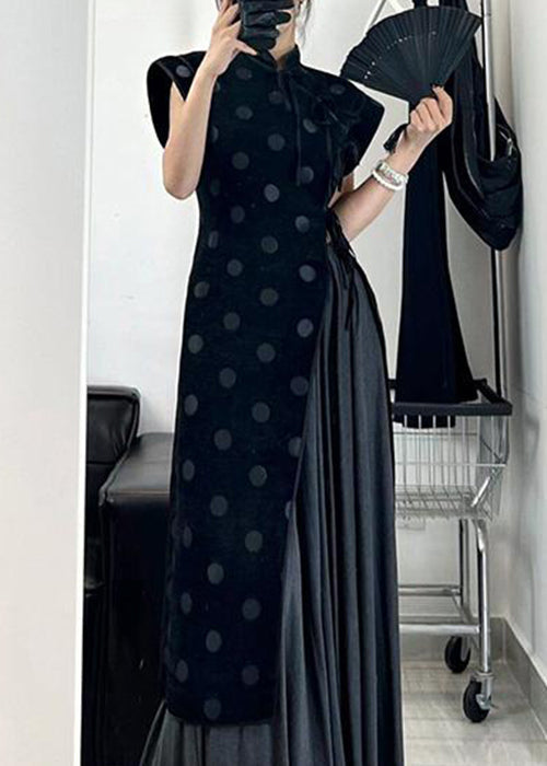 Velvet Polka Dot Mock Neck Sleeveless Asymmetrical Maxi Dress - View 5