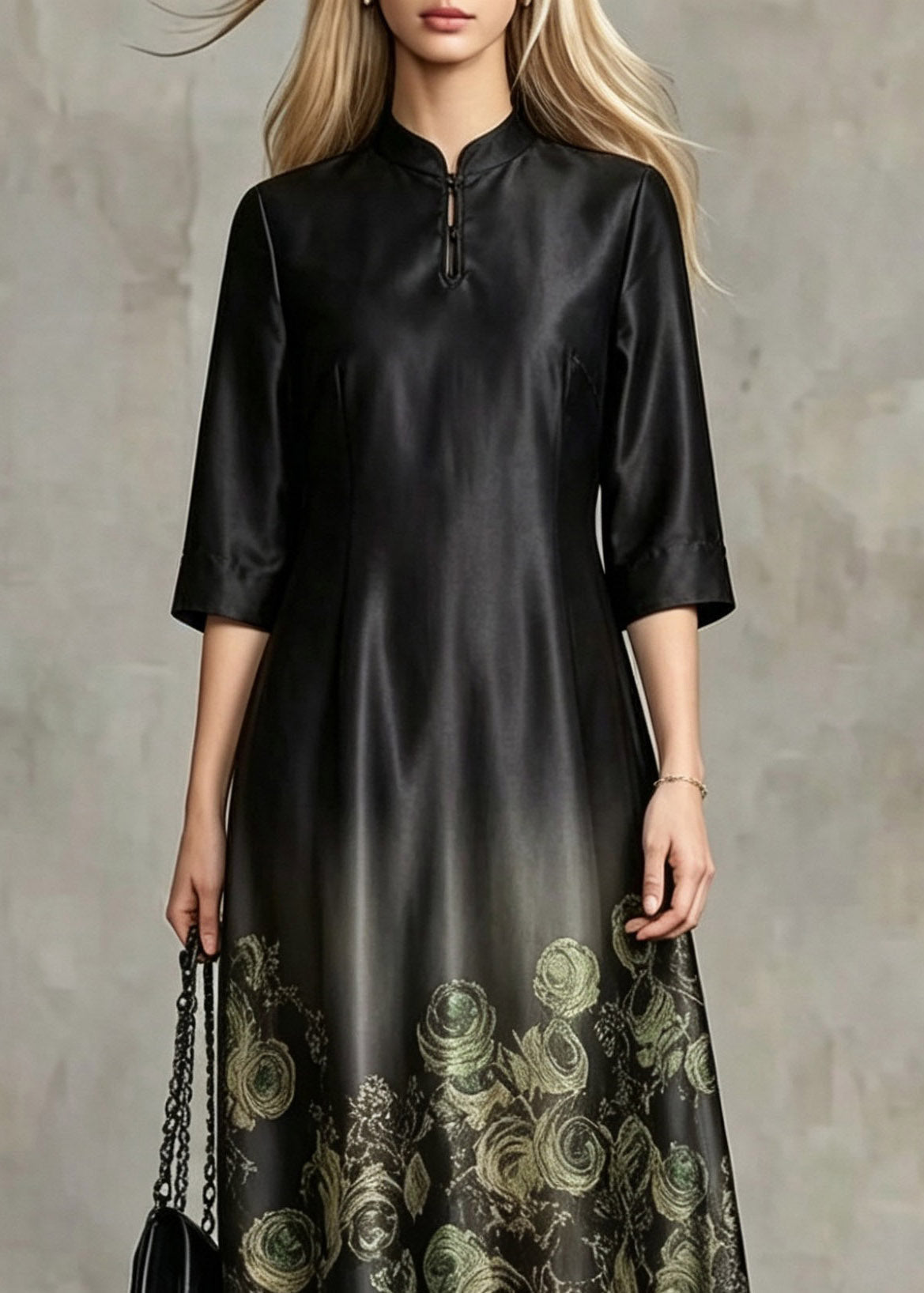 Mandarin Collar Keyhole Rose Print Gradient Hem Midi Dress - View 2