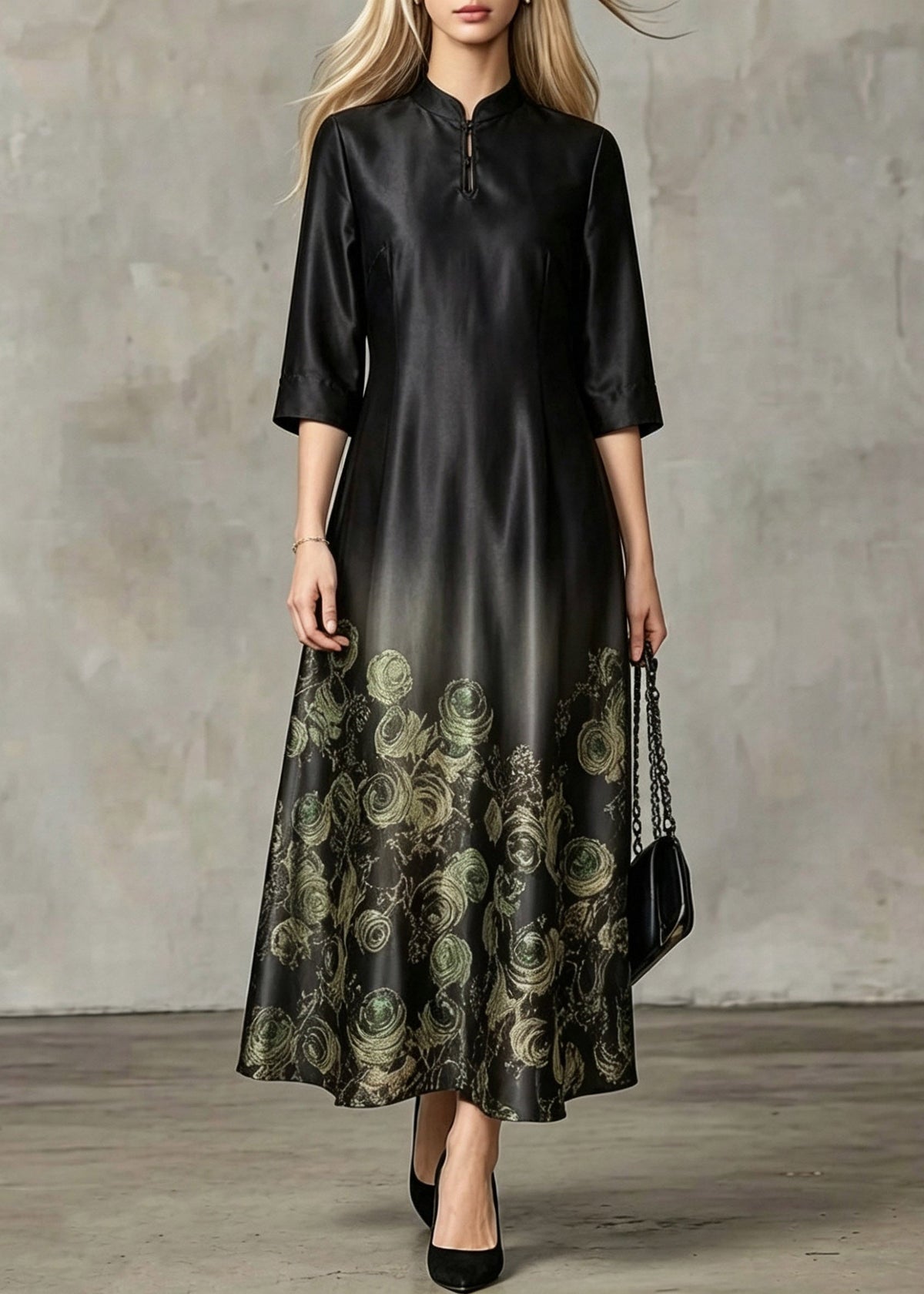 Mandarin Collar Keyhole Rose Print Gradient Hem Midi Dress - View 3