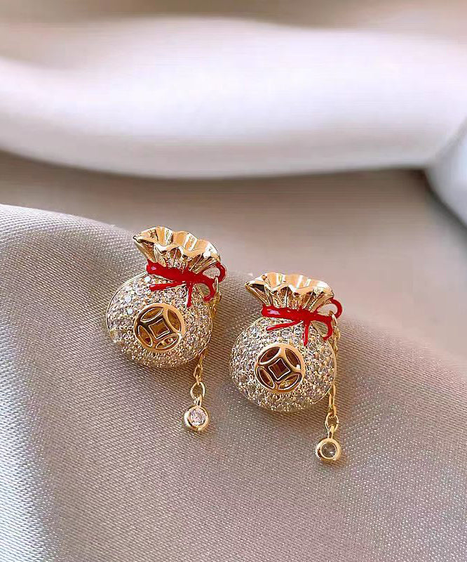 Copper 14K Gold Zircon Blessing Bag Tassel Stud Earrings