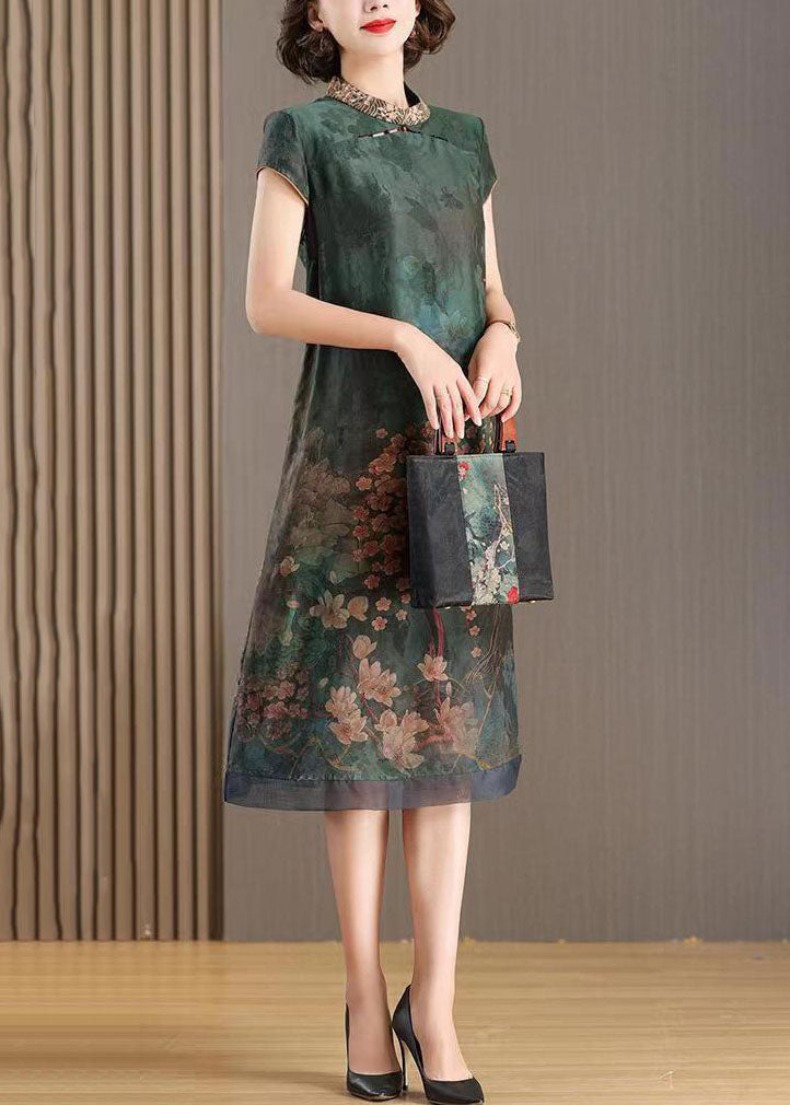 Landscape Print Organza Mandarin Collar Cap Sleeve Midi Dress - View 3