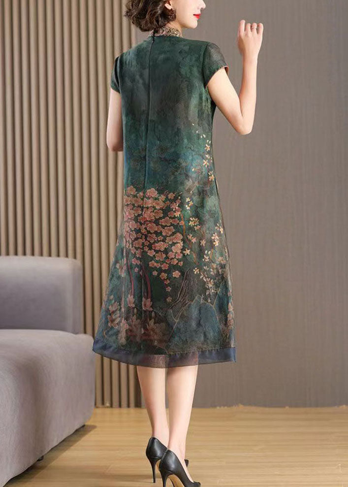 Landscape Print Organza Mandarin Collar Cap Sleeve Midi Dress - View 5