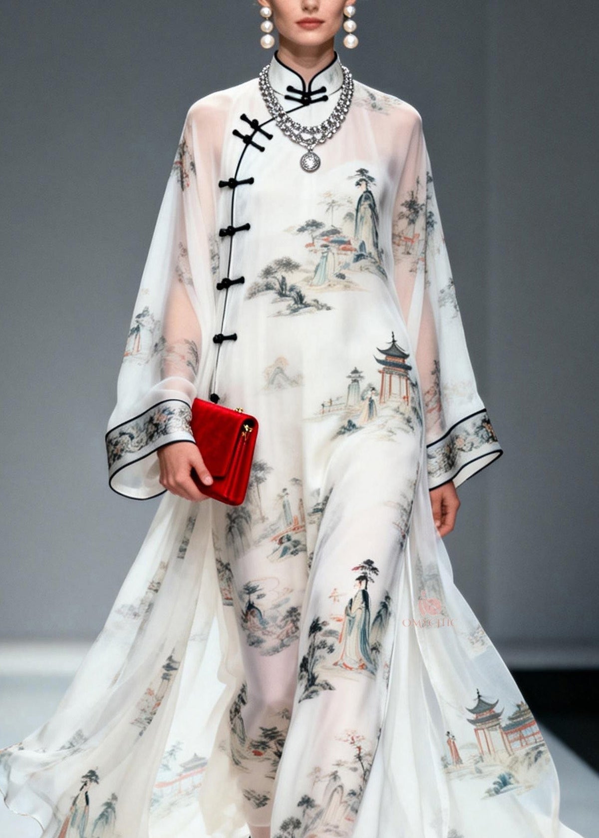 Mandarin Collar Frog Button Landscape Print Bell Sleeve Maxi Gown - View 2