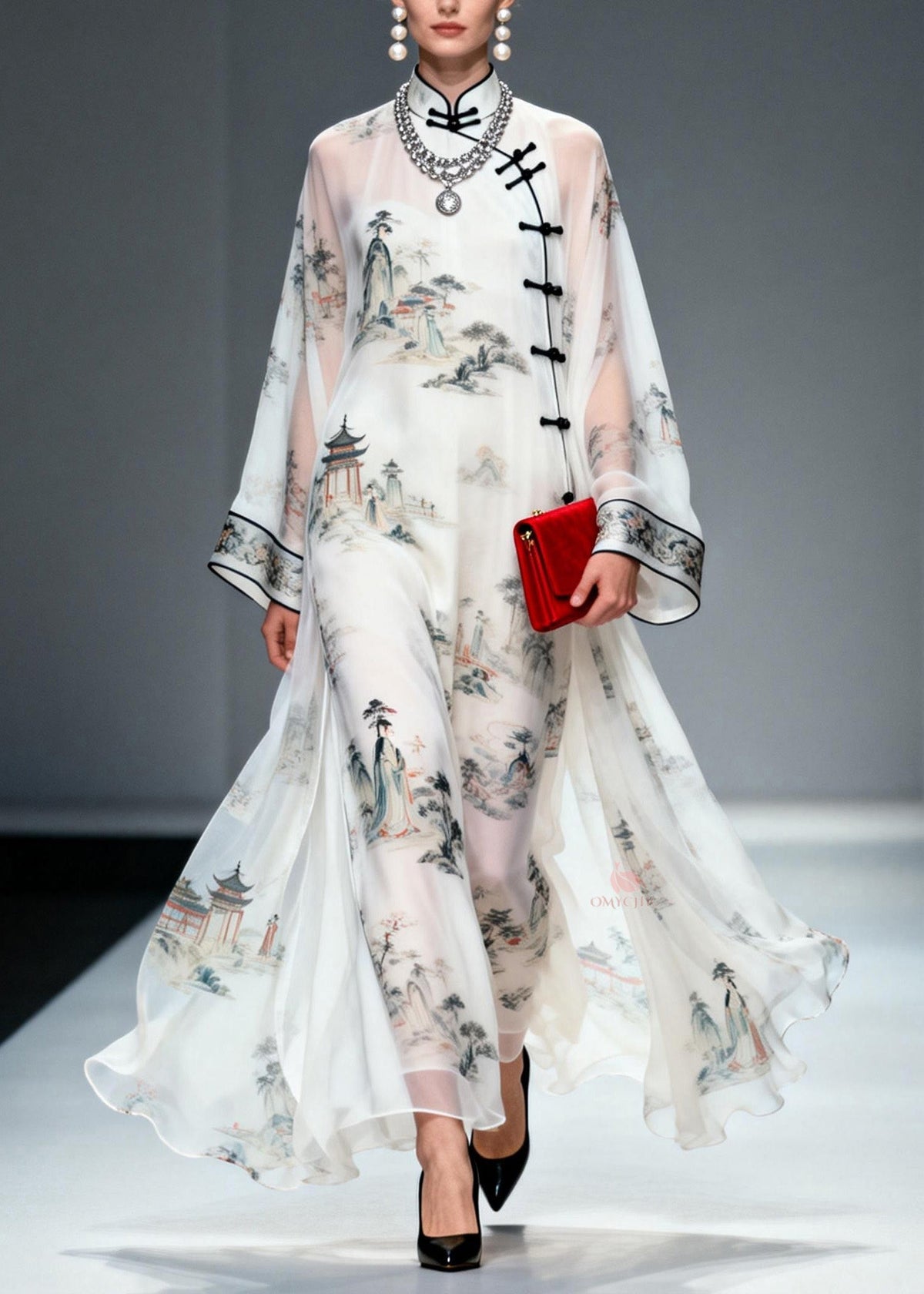 Mandarin Collar Frog Button Landscape Print Bell Sleeve Maxi Gown - View 3