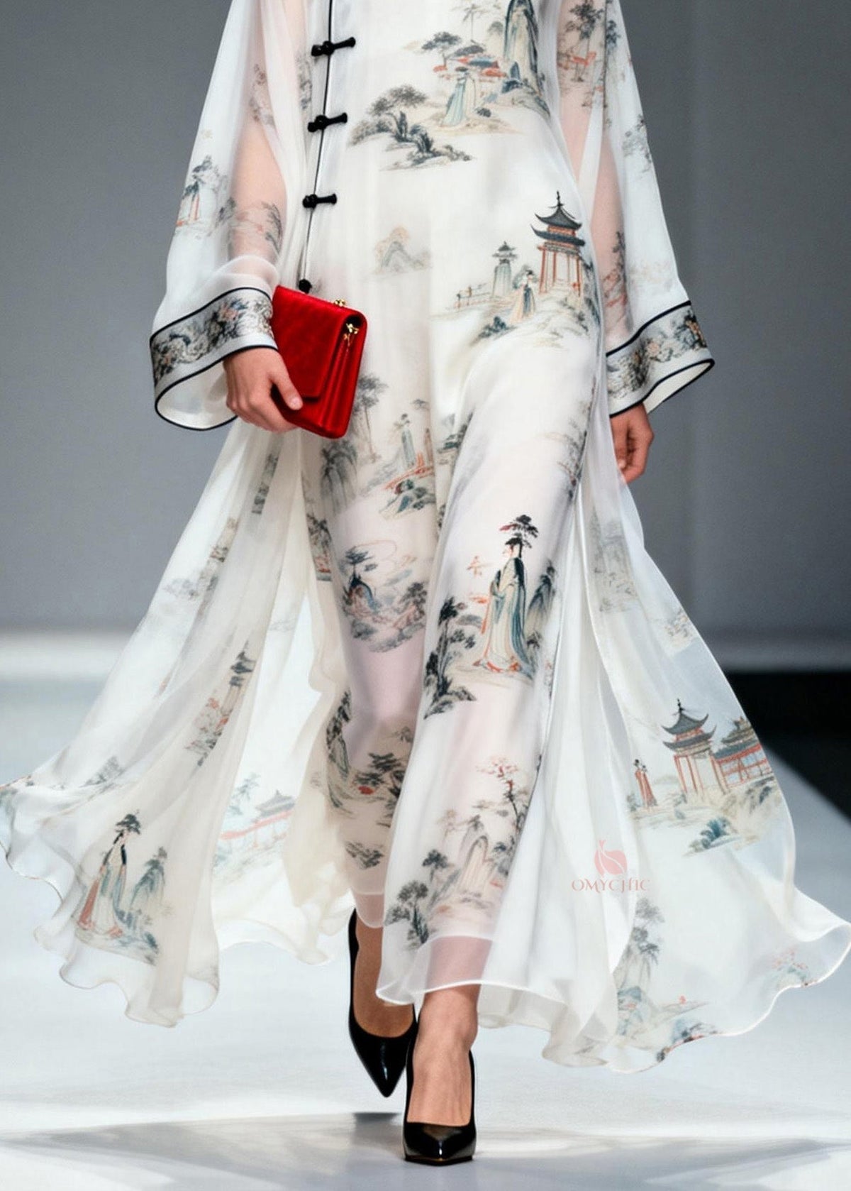 Mandarin Collar Frog Button Landscape Print Bell Sleeve Maxi Gown - View 4