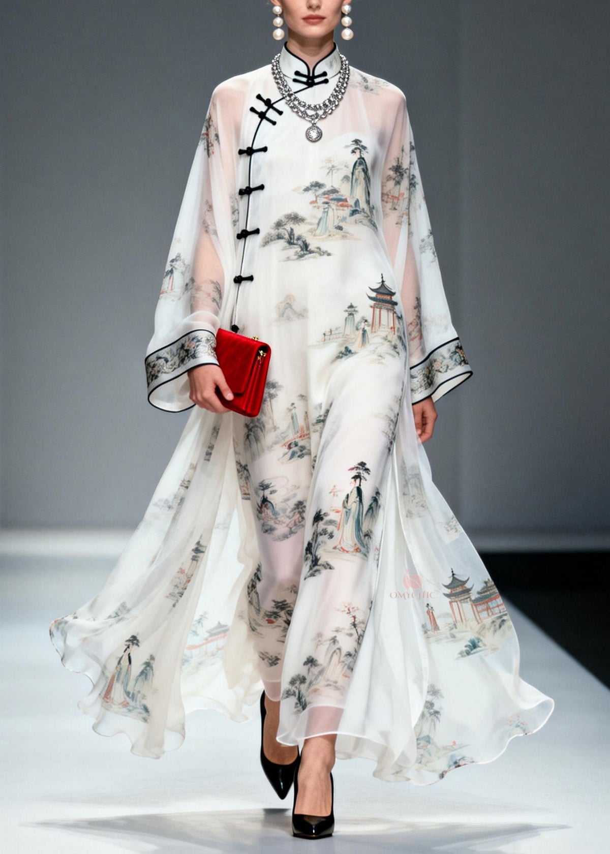 Mandarin Collar Frog Button Landscape Print Bell Sleeve Maxi Gown - View 5