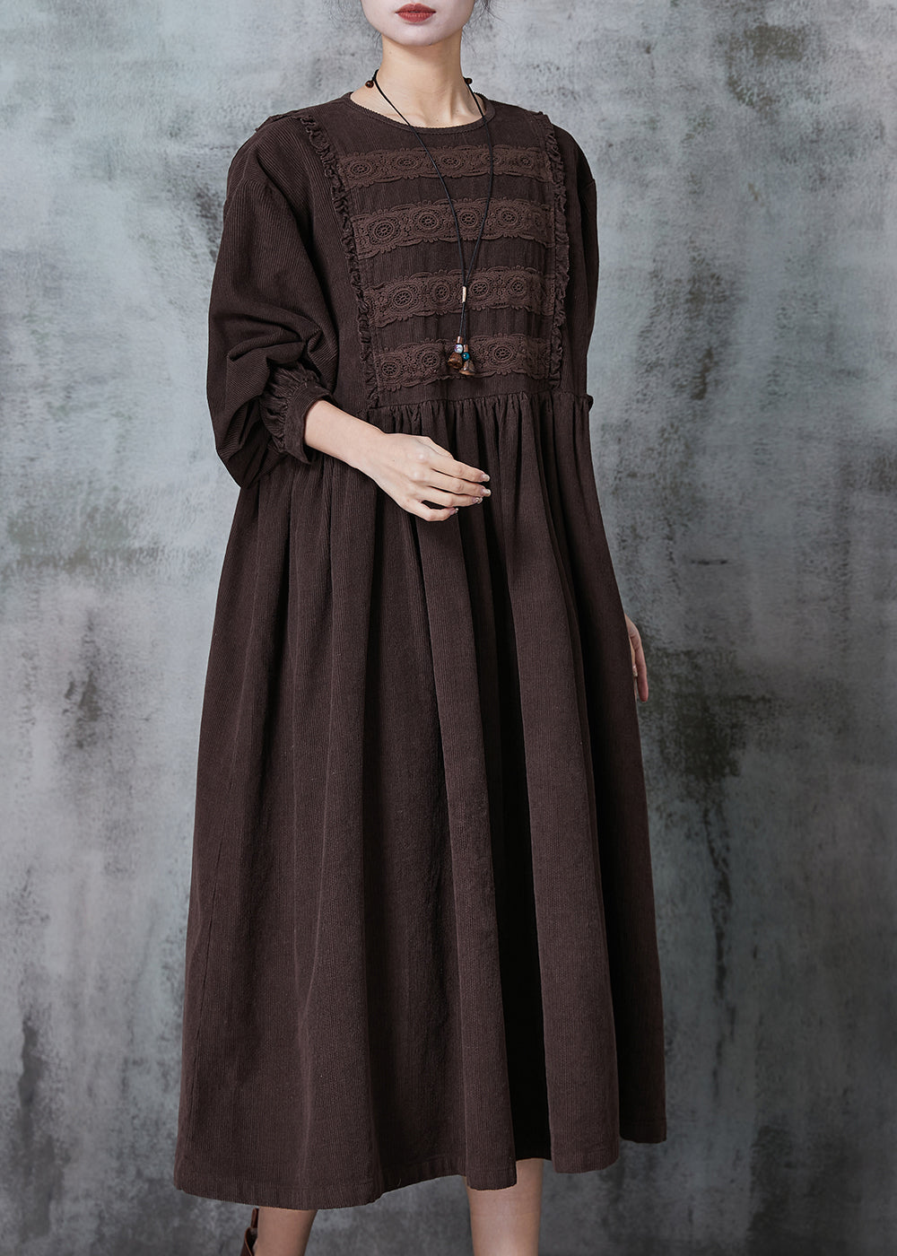 Corduroy Lace Insert Bishop Sleeve Empire Waist Midi Dress - View 3