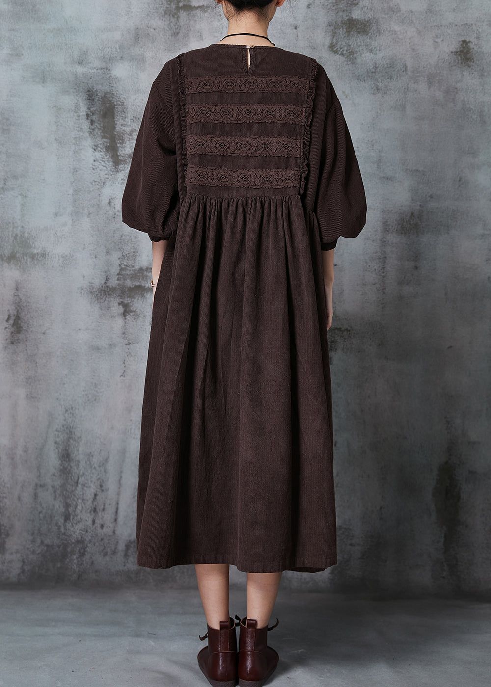 Corduroy Lace Insert Bishop Sleeve Empire Waist Midi Dress - View 4