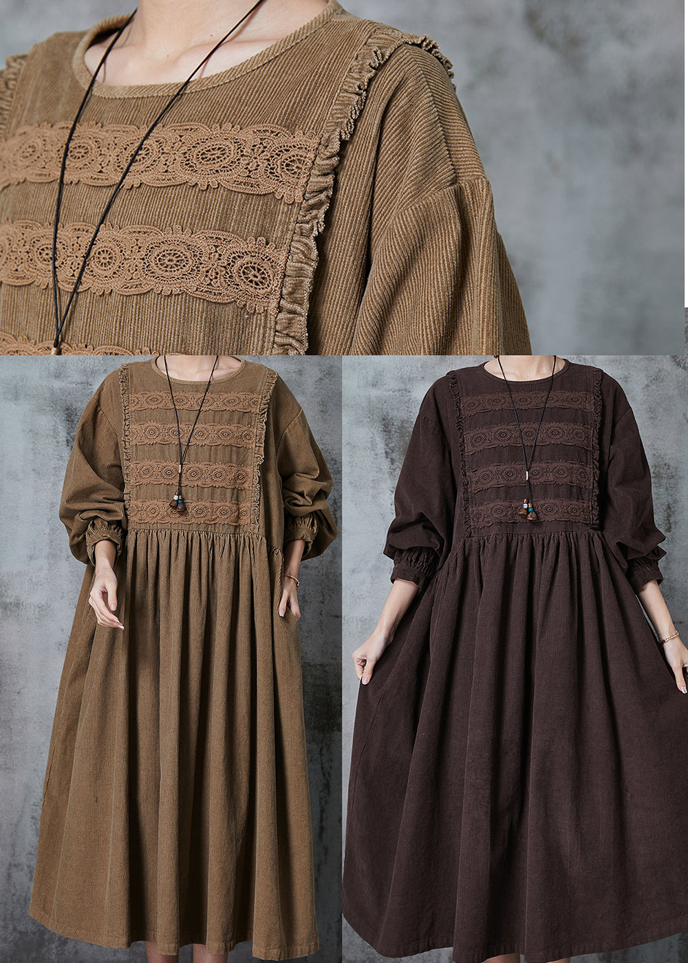 Corduroy Lace Insert Bishop Sleeve Empire Waist Midi Dress - View 5