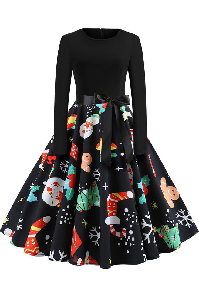 Christmas Long-sleeve Retro Printed Dress - Mislish