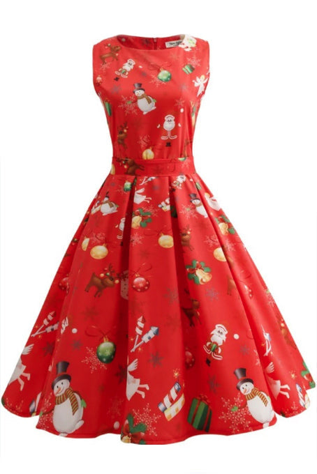 Christmas Print Sleeveless Belted Dress - Mislish