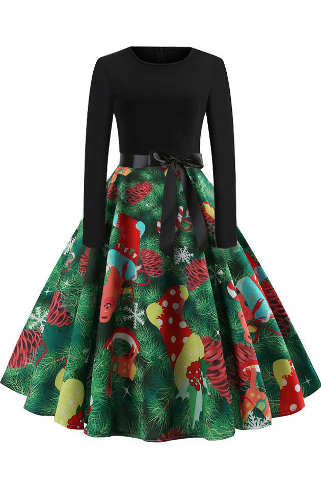 Christmas Printed Belt A-line Vintage Dress - Mislish