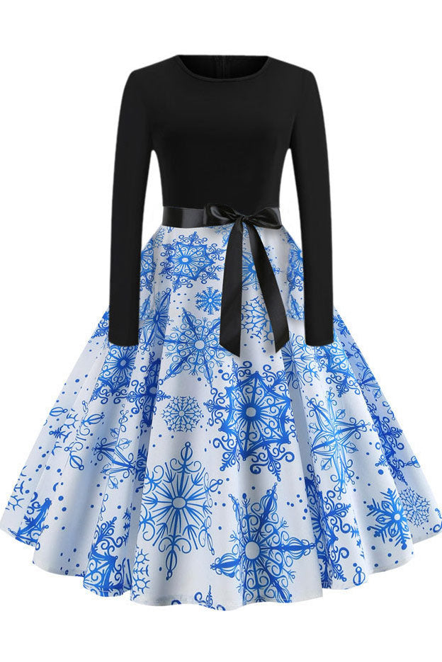 Christmas Printed Belt A-line Vintage Dress - Mislish